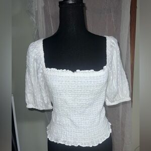 LOFT White Textured Puff Sleeve Blouse